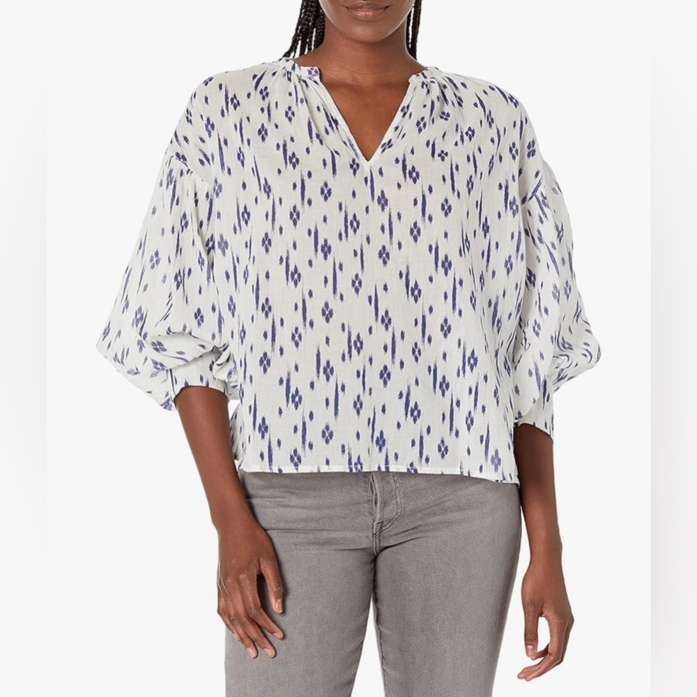 Velvet by Graham & Spencer Ivory Blouse with Navy Ikat Print